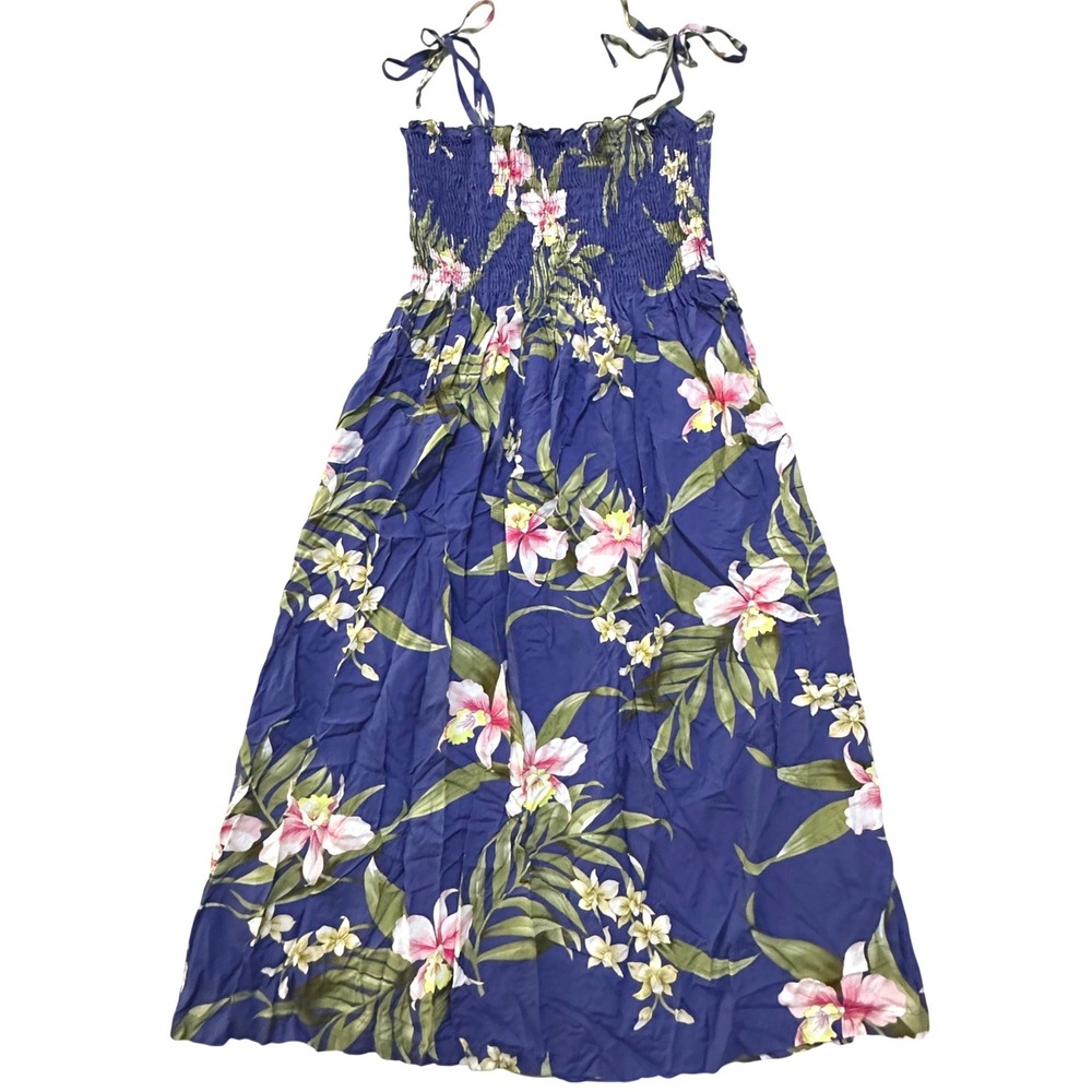 Two Palms Hawaii Floral Smocked Midi Dress OS Blue Rayon Tropical Vacation Beach